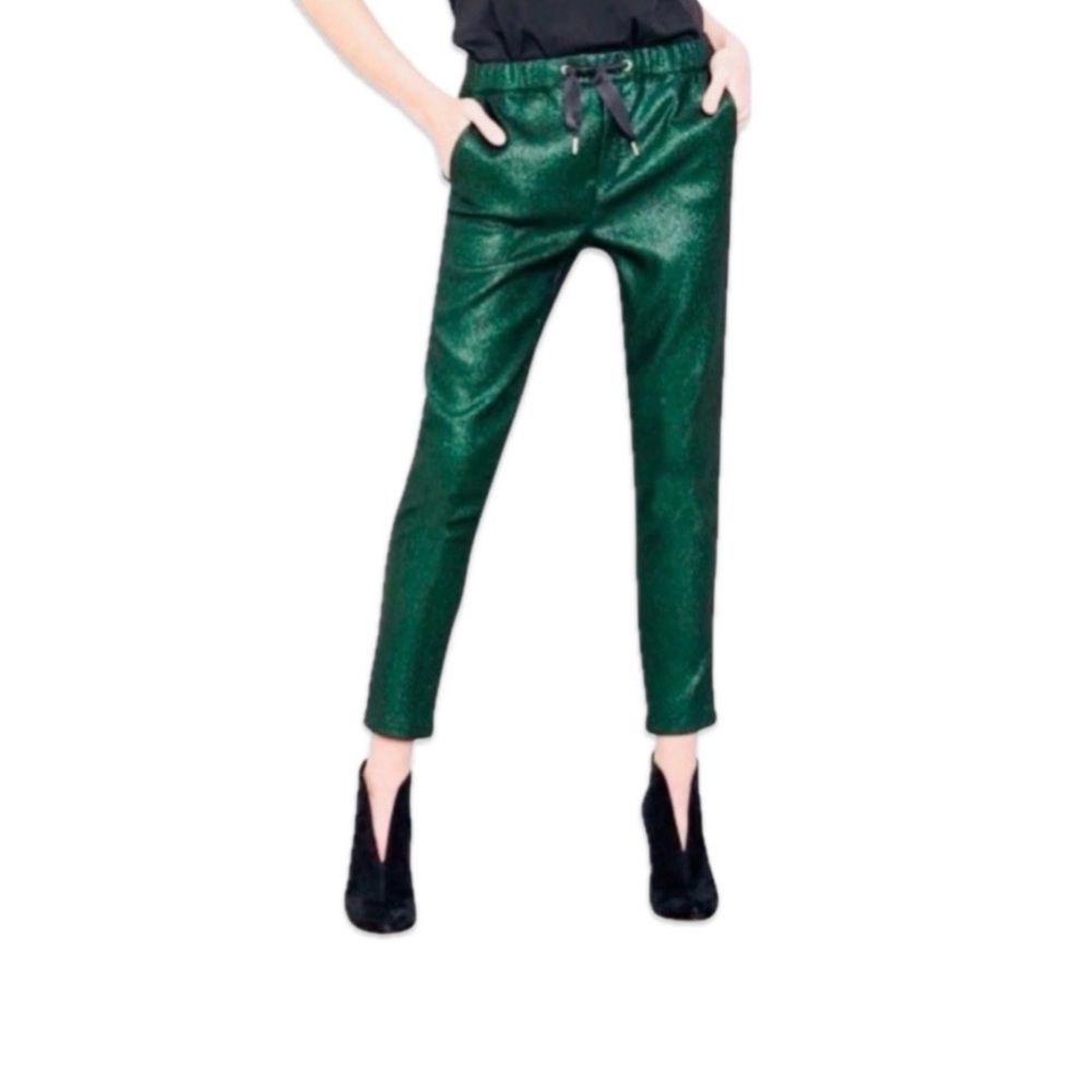 NWOT Reiko France Faustine Green Glitter Drawstring Pants - Picture 2 of 14